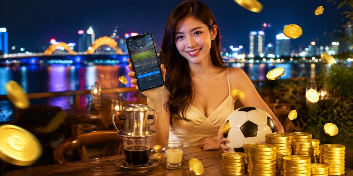 Người hâm mộ Đà Nẵng xem bóng đá và theo dõi kèo cược trên điện thoại bên ly cà phê buổi sáng